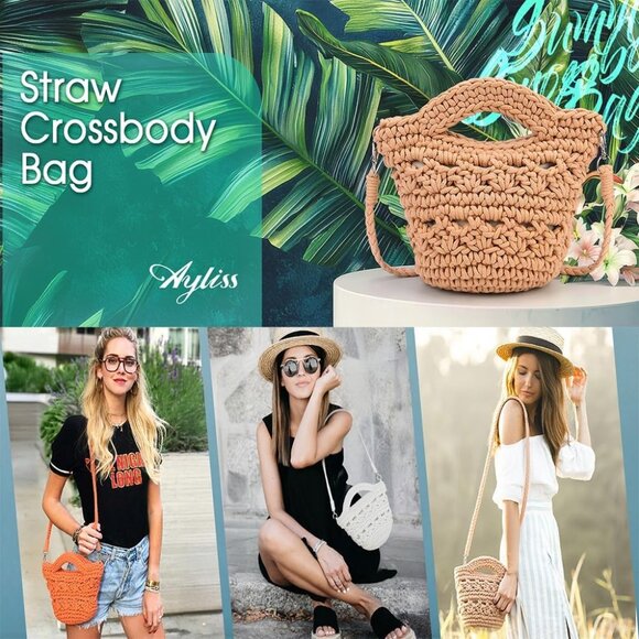 Straw Crossbody Bag Cotton Summer Beach Tote Small Travel Portable - Picture 4 of 9